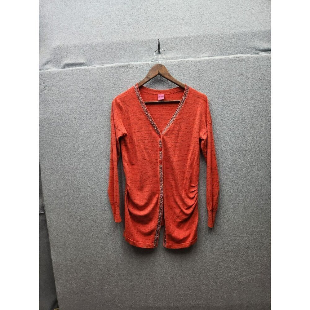 Save The Queen! Red Long-Sleeve Cardigan With Rhinestone Trim &‎ Ruched Sides XS